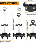 Six Wheel Backpack Trolley Rolling Dolly Cart dimensions showing adjustable height and base size for travel luggage use.