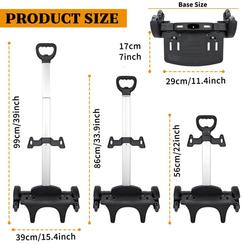 Six Wheel Backpack Trolley Rolling Dolly Cart dimensions showing adjustable height and base size for travel luggage use.