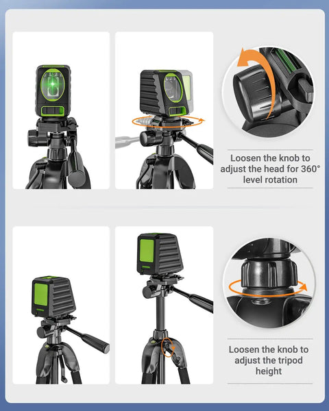 Ultimate Laser Level Tripod With 56 Inch Extendable Height For Line And Point Lasers One Quarter Inch And Five Eighth Inch Thread Mount Quick Release Plate Multi Function Hook Non Skid Feet Ideal For Laser Distance Measures And Cameras TPD14, black tripod with laser level and 360° rotation