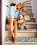 15 Piece Non Slip Stair Treads For Wooden Steps Indoor Carpet Runner Rugs Mat 8x30 Inches Gray Diamond Pattern installed on stairs