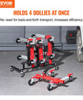 Car Dolly Rack Storage Organizer With 360 Degree Rotatable Wheels And Hydraulic Ratchet Trolley Jack Stand Holder for four dollies in a garage setting