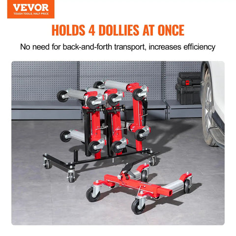 Car Dolly Rack Storage Organizer With 360 Degree Rotatable Wheels And Hydraulic Ratchet Trolley Jack Stand Holder for four dollies in a garage setting
