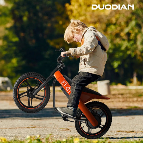 Kids Electric Bike With 350W Motor 36V 7.8Ah Battery Zippy Up To 15.5 MPH, 15 Mile Range, 16 Inch Pneumatic Tires, Off Road Balance Bike For Ages 6 And Up, Youth All Terrain Electric Bicycle, child riding orange frame side view