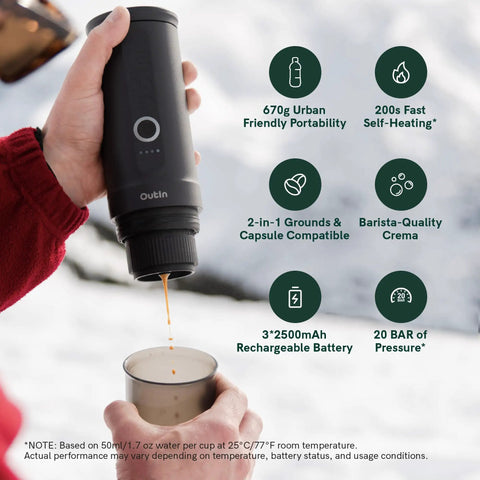 Person holding Nano Portable Espresso Maker For Travel And Camping Self Heating With USB C Car Coffee Maker beside cup