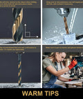 Drill Bit Set 29 Pc High Speed Steel With 135 Degree Split Point Black And Gold Oxide Finish shown in various drilling scenarios