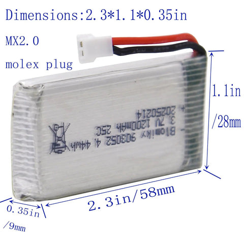 Beefed Up 2 Pack 3.7V 1200mAh LiPo Batteries With MX2.0 Plug And Cables For Syma X5SW X5SC RC Quadcopter Drone