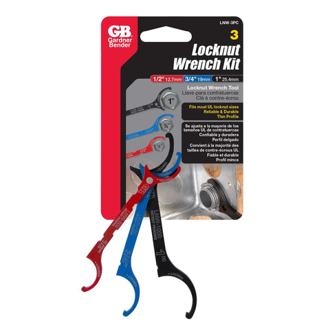 Locknut Wrench Set 3 Piece Assorted Color Coded Handles For Tight Spaces UL Locknut Compatibility Easy Identification And Use No Fuss Thin Design For Quick Maneuvering And Simple Tighten And Loosen Ends