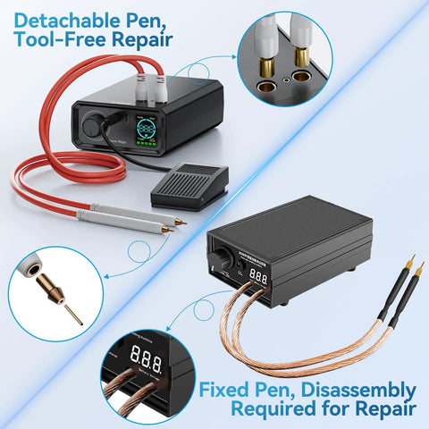 9000W Battery Spot Welder With Dual Pulse Output, Rotary Knob Dial, Foot Pedal Or Trigger Control, showing detachable pen tools