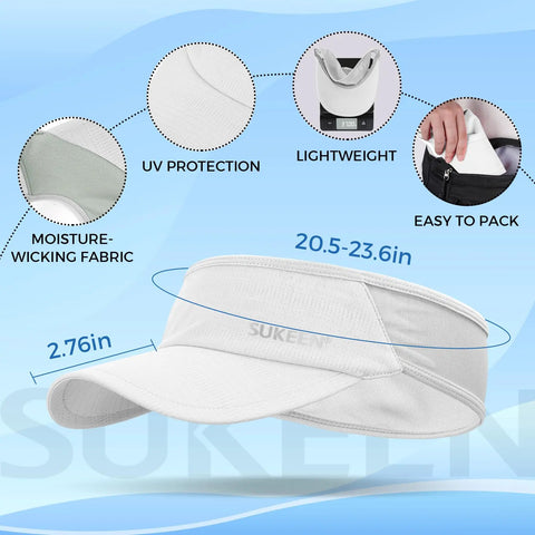 Lightweight Sports Sun Visor for Men and Women Packable Cooling Stretchy Visor Hat for Running Tennis Golf White Breathable Quick Dry