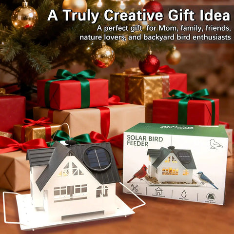 Heavy Duty Metal Outdoor Bird Feeder With Solar Lights displayed in a festive setting with gift boxes, ideal for backyard decor.