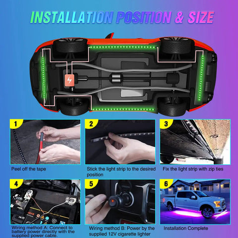 Dope Car Underglow Neon Accent Strip Lights With 252 LEDs RGB 8 Color Sound Active Music Mode installation steps on a car