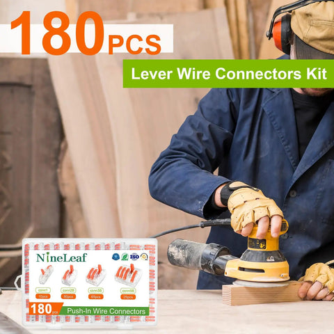 Worker using tool with 180 Piece All In One Wire Connector Kit With 2 Port 3 Port And 5 Port Levers Push In Wire Nuts box