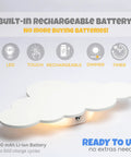 Cloud Night Light for Nursery with dimmable and rechargeable design, built-in battery, LED icons visible.