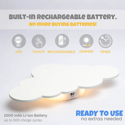 Cloud Night Light for Nursery with dimmable and rechargeable design, built-in battery, LED icons visible.