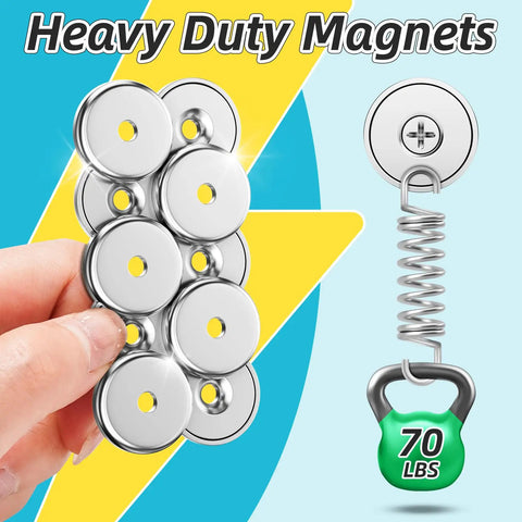 10 Pack 70 Lbs Neodymium Cup Magnets With Countersunk Holes For Secure Tool Holding And Wall Mounting displayed with spring scale.