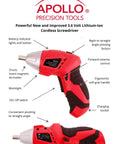 135 Piece Home Tool Set With Pivoting Dual Angle 3 6V Lithium Ion Cordless Screwdriver Essential DIY Kit With Hanging Organizer Red displayed with features labeled including ergonomic grip, worklight, and flexible pivoting angles.
