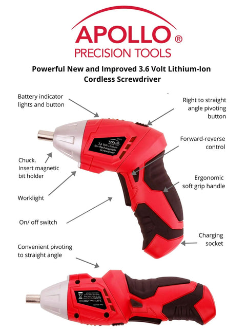 135 Piece Home Tool Set With Pivoting Dual Angle 3 6V Lithium Ion Cordless Screwdriver Essential DIY Kit With Hanging Organizer Red displayed with features labeled including ergonomic grip, worklight, and flexible pivoting angles.