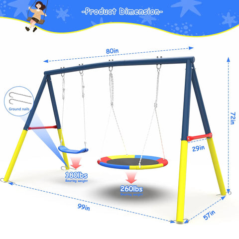 Backyard Swing Set With Stand, Heavy Duty 440lbs, Dual Swing Frame Includes 32 Inch Saucer Swing And 26.2 Inch Belt Seat For Outdoor Play