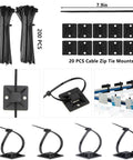 Ultimate Cable Management Kit showing 200 black fastening ties and 20 zip tie mounts for tidy desk and TV setup.