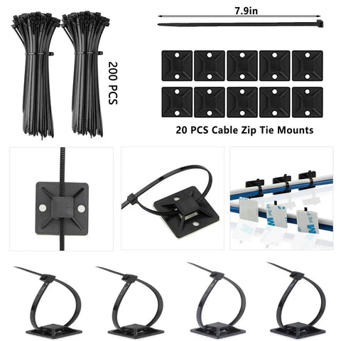 Ultimate Cable Management Kit showing 200 black fastening ties and 20 zip tie mounts for tidy desk and TV setup.
