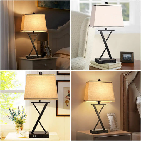 Set Of 2 Modern Table Lamps With USB Ports And AC Outlet, 3 Way Dimmable Touch Control Bedside Lamps With Fabric Shades in various settings