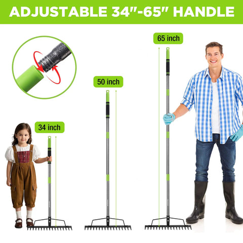 65 Inch Bow Rake For Heavy Duty Garden Work With 17 Tine Metal Head And High Strength Adjustable Handle in three sizes
