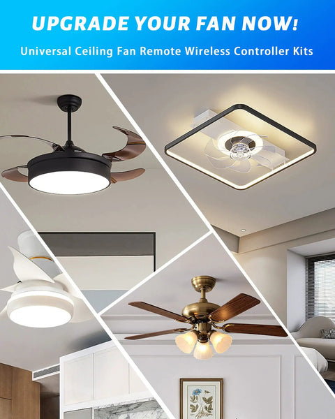 2-Pack Universal Ceiling Fan Remote Kit with Light Dimmer, 3-Speed Smart Control shown on various fan models including Hunter and Westinghouse.