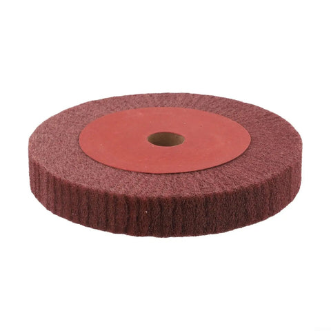 Six Inch Non Woven Nylon Flap Wheel Disc 320 Grit Be Beefy Buffing Tool with red finish, side view