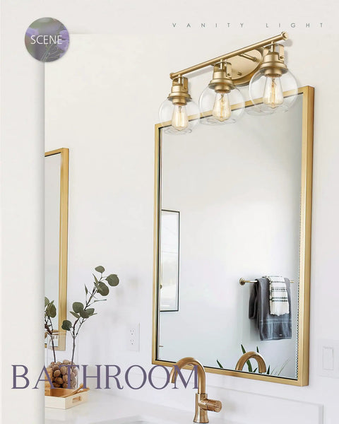 Gold Finish Sleek Modern Vanity Light Fixture With Three Clear Glass Globes Over Mirror For Bathroom Renovation Brighten Your Sink Area Easy Installation Stylish And Durable Bath Lighting