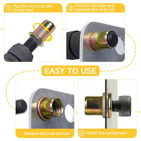 Complete Rivet Nut Tool Kit Features 320 Piece Metric and SAE Threaded Insert Set showing step-by-step installation process.
