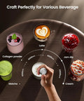 Rechargeable Milk Frother With Game-Changer Stepless Speed Control, LunaFro Max shown blending milk with speed options for drinks.