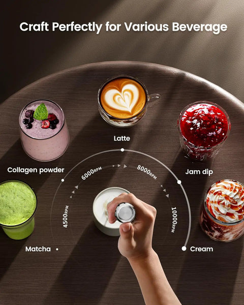 Rechargeable Milk Frother With Game-Changer Stepless Speed Control, LunaFro Max shown blending milk with speed options for drinks.