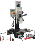 Real Deal 5.5 By 20 Inch Benchtop Mill Drill Press Featuring Hardcore 600W Brushless Spindle with micro feed table and accessories.