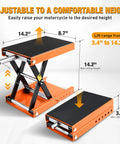 Beefy 1100Lb Motorcycle Lift Jack With Wide Deck And Safety Pin, Adjustable 3.4 To 14.2 Inch Hoist Stand, Orange