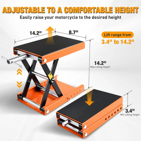 Beefy 1100Lb Motorcycle Lift Jack With Wide Deck And Safety Pin, Adjustable 3.4 To 14.2 Inch Hoist Stand, Orange