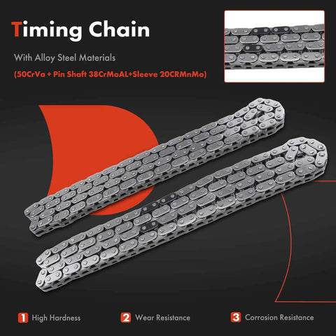 Ford 5.4L SOHC V8 Engine Timing Chain Kit With Tensioner Fits E150 E250 E350 Econoline Expedition F150 F250 F350 Super Duty Replacement Includes Tensioner And Guides For Smooth Operation And Long Life, showing alloy steel timing chain with hardness and corrosion resistance features.