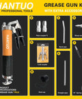 Heavy Duty 8000 PSI Grease Gun Kit With Quick Release Coupler And One Hand Friendly Ergonomic Grip, full kit displayed