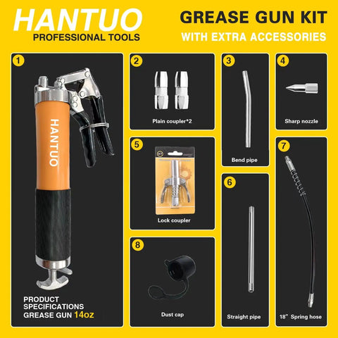Heavy Duty 8000 PSI Grease Gun Kit With Quick Release Coupler And One Hand Friendly Ergonomic Grip, full kit displayed