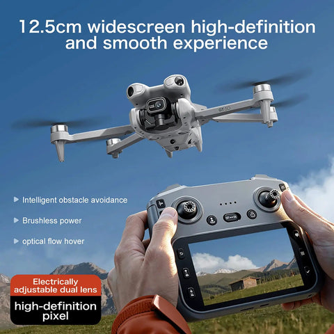 12.5cm widescreen remote control drone with dual lens cameras, brushless motors, intelligent obstacle avoidance, and optical flow hover.