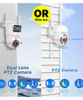 6Mp Dual Lens Wifi NVR Surveillance Camera Kit showing dual lens PTZ camera with pan and tilt features mounted on wall.
