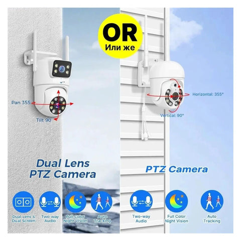 Rock Solid 6Mp Dual Lens Wireless Surveillance Camera System Includes Integrated Nvr For Crisp Remote Monitoring, dual lens PTZ camera on exterior wall.