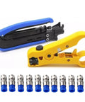 Coax Cable Crimping Tool Kit With Adjustable F Connectors For RG6 RG59 RG11 Includes 10 RG6 F Compression Connectors Stripping Capability 75-5 And 75-7 Compatible Heavy Duty Pro Grade Non Slip Grip Blue shown with yellow cable stripper and connectors.