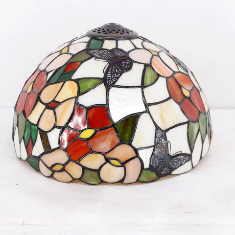 Pink Tiffany Style Table Lamp With Butterfly Stained Glass Shade close-up, 12x12x18 Inches decorative flower pattern, S275 Series