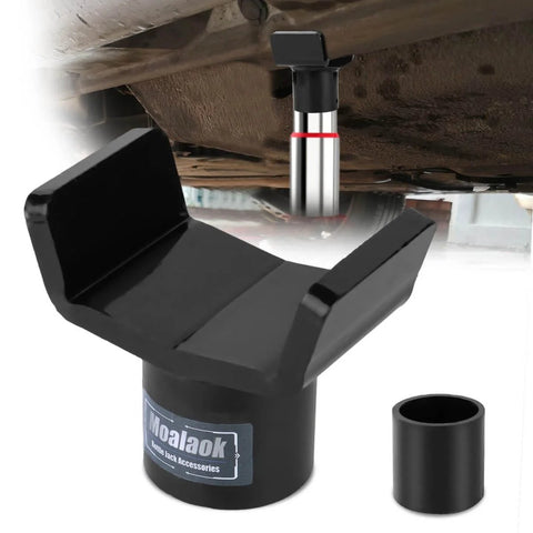 Heavy Duty Bottle Jack Adapter For Twelve Ton And Twenty Ton Jacks, Tough As Nails Axle Lift Saddle For Three Inch Round Axles And Three Inch Square Tubes, Universal Hydraulic Jack Accessory For RV Trailer And Farm Axles installed view