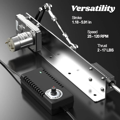 Reciprocating 24V DC Linear Actuator with adjustable stroke 1.18 to 5.91 inches, 120 RPM speed, and 2 to 17 lbs thrust for DIY projects.