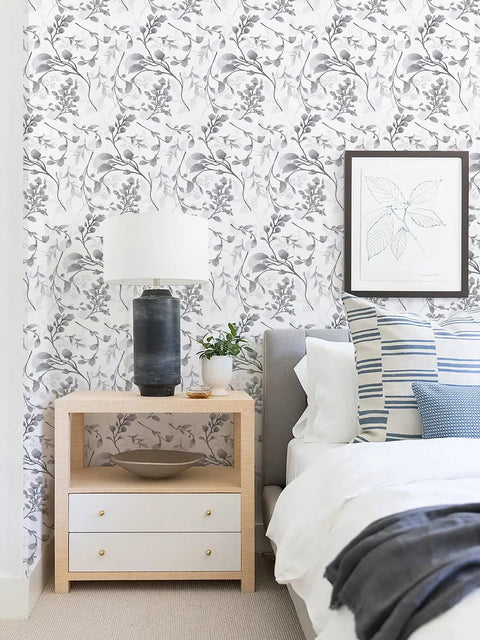 Gray Floral Peel And Stick Wallpaper 17.7 Inch By 118.1 Inch Self Adhesive Floral Contact Paper in a bedroom setting