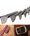 V Shape Leather Craft Punch Set 7 Piece Half Round Cutter Punch For Belt Wallet Bag Making Must Have For DIY Leatherworking Craft Projects And Strap Ends 10mm To 40mm Sizes Durable Pro Grade Iron, showing iron punch tools and sample leather belt ends.