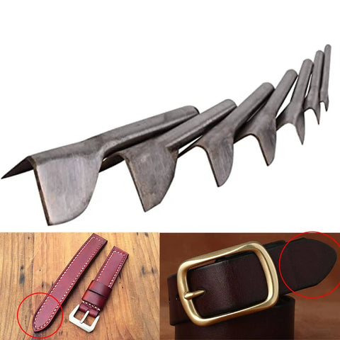 V Shape Leather Craft Punch Set 7 Piece Half Round Cutter Punch For Belt Wallet Bag Making Must Have For DIY Leatherworking Craft Projects And Strap Ends 10mm To 40mm Sizes Durable Pro Grade Iron, showing iron punch tools and sample leather belt ends.