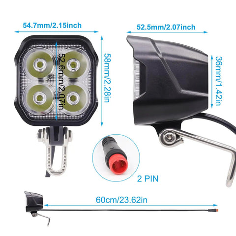 Ultra Bright Ebike Front Light With 4 LED 400 Lumens 24V 36V 48V Compatible Waterproof 2 Pin Connector Night Riding Ready Front Headlight For Mountain Road And City Commuting High Visibility Bike Safety Light
