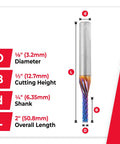 Spektra Coated Solid Carbide Down Cut Router Bit For Carbon Fiber Panels And Graphite, 1/8 Dia, 1/2 Cutting Height, 1/4 Shank size chart